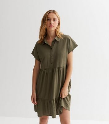 Olive Linen-Blend Mini Shirt Dress New Look