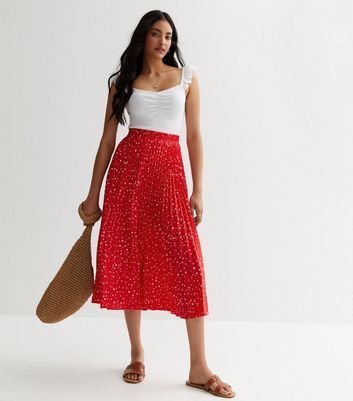 Red Spot Pleated Midi Skirt New Look