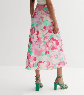Pink Floral Satin Midaxi Skirt New Look