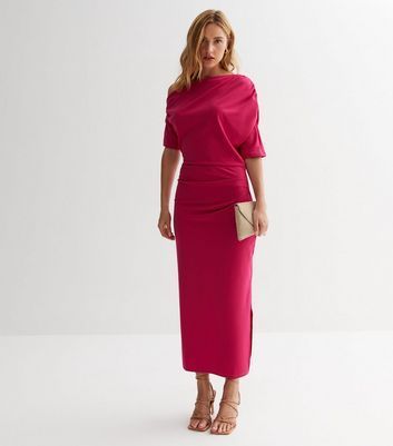 Pink Scuba Asymmetric Ruched Midi Dress New Look