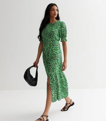 Green Pattern Split Hem Midaxi Dress New Look