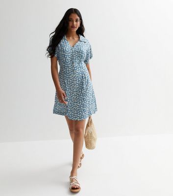 Blue Floral Button Front Mini Dress New Look