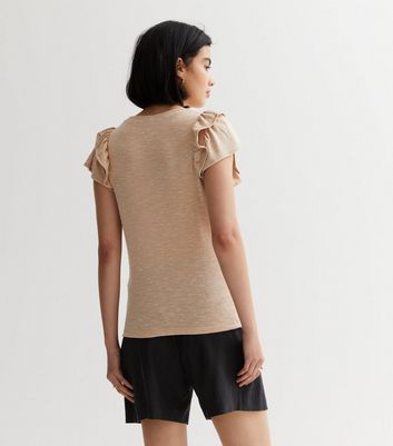Camel Fine Knit Double Frill Sleeve T-Shirt New Look