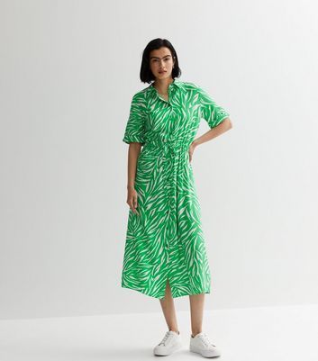 Green Zebra Print Belted Midi Shirt Dress New Look