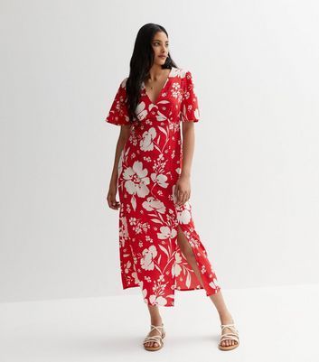 Red Floral Flutter Sleeve Midaxi Dress New Look