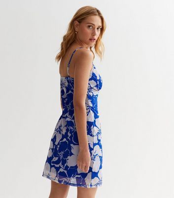 Blue Floral Mesh Strappy Mini Dress New Look