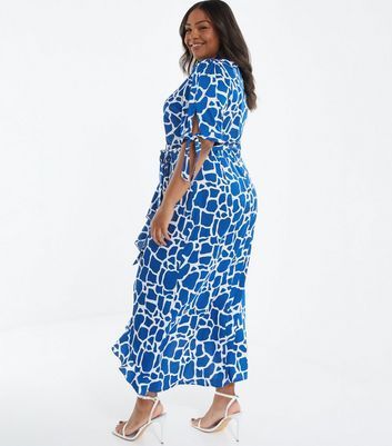 Curves Blue Animal Print Satin Wrap Dress New Look