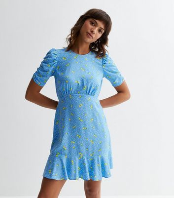 Blue Lemon Print Frill Hem Mini Dress New Look