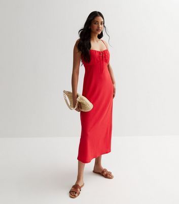 Red Crinkle Strappy Midi Dress New Look
