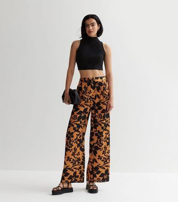 Brown Floral Satin Wide Leg Trousers New Look