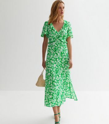 Green Floral Frill Midaxi Dress New Look