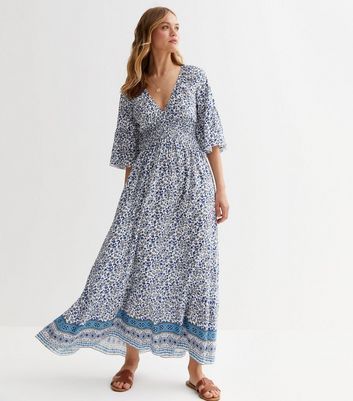 Blue Floral Shirred Maxi Dress New Look