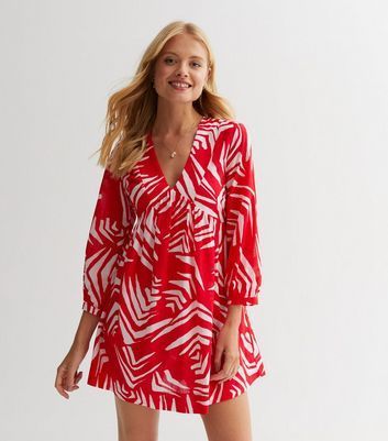 Red Abstract Print Cotton Smock Mini Dress New Look