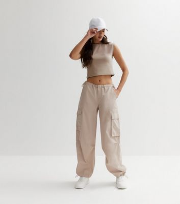 Stone Cuffed Parachute Trousers New Look