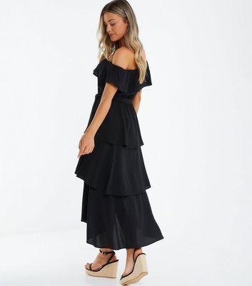 Black Bardot Tiered Dip Hem Midi Dress New Look