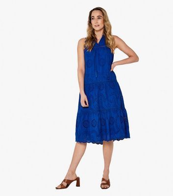 Bright Blue Cotton Broderie Midi Dress New Look