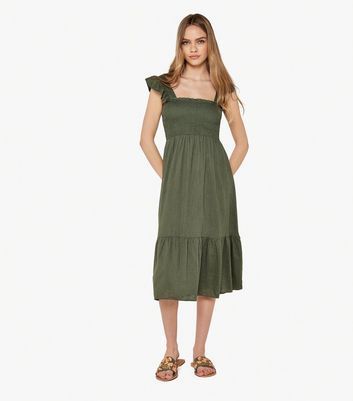 Khaki Linen-Blend Shirred Smock Midi Dress New Look