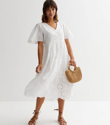 White Cotton Broderie Button Front Midi Dress New Look