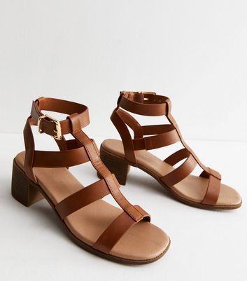 Tan Leather-Look Footbed Mid Block Heel Gladiator Sandals New Look