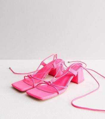 Bright Pink Tie Strappy Mid Block Heel Sandals New Look