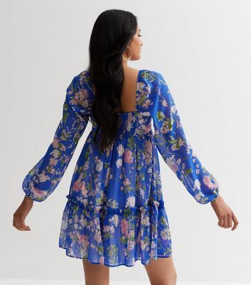 Blue Floral Chiffon Long Sleeve Mini Smock Dress New Look