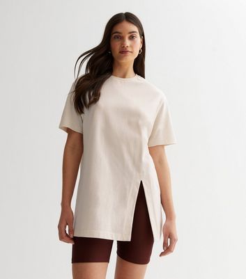 Cream Cotton Split Hem Oversized T-Shirt New Look