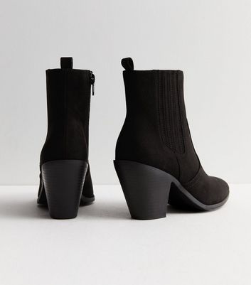 Black Suedette Cowboy Block Heel Ankle Boots New Look