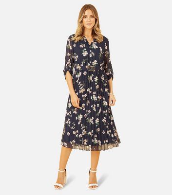 Navy Floral Belted Midi Shirt Dress New Look