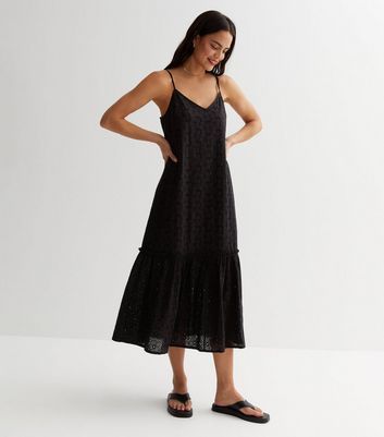 Black Cotton Embroidered Strappy Midaxi Dress New Look