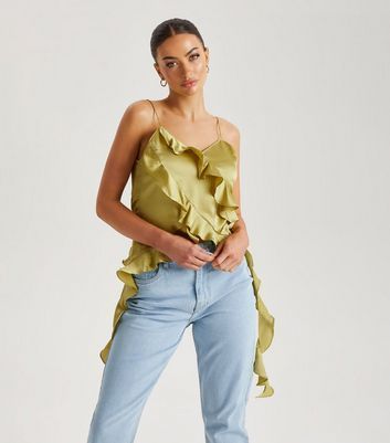Light Green Satin Strappy Ruffle Top New Look
