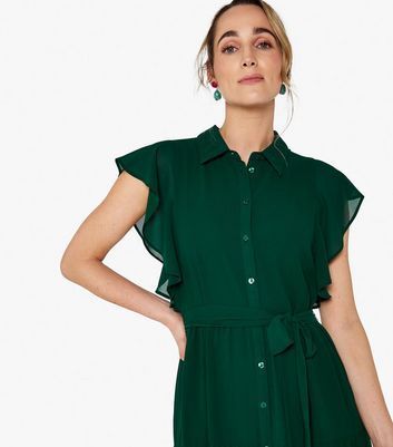 Dark Green Flutter Sleeve Belted Midi Shirt Dress New Look