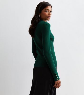 Dark Green Ribbed Knit Button Cuff Jumper New Look