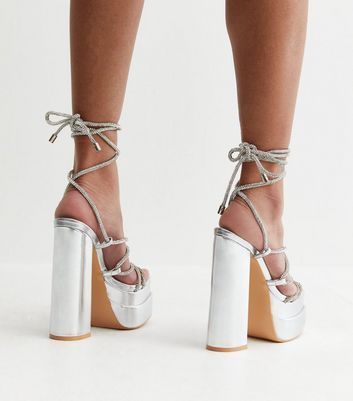 Silver Metallic Diamanté Strappy Platform Block Heel Sandals New Look