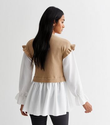 Camel 2-in-1 Knit Frill Shirt New Look