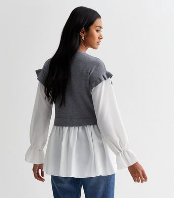 Grey 2-in-1 Knit Frill Shirt New Look