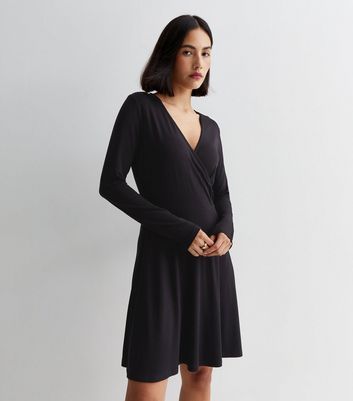 Black Jersey Long Sleeve Wrap Mini Dress New Look