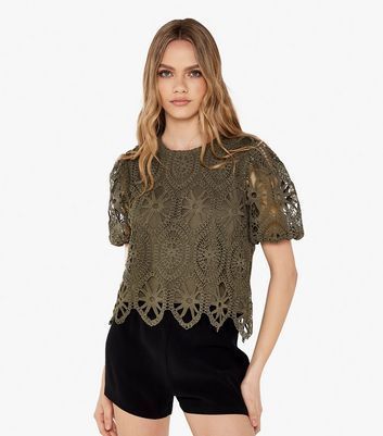 Olive Lace Puff Sleeve Top New Look