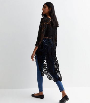 Black Cotton Crochet Knit Dip Hem Longline Top New Look