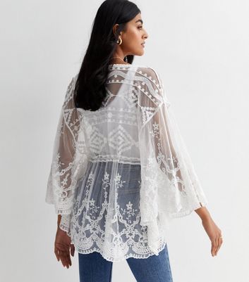 White Lace Embroidered Tie Front Top New Look