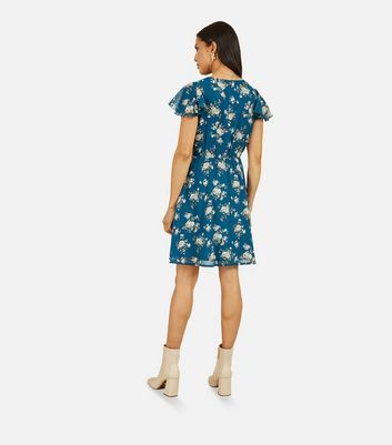 Teal Floral Flutter Sleeve Wrap Mini Dress New Look