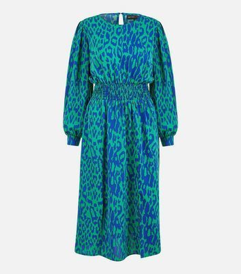 Green Animal Print Shirred Waist Midi Dress New Look