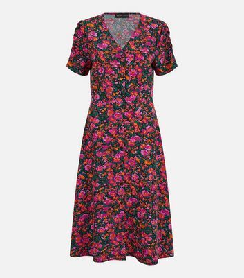Pink Ditsy Floral Button Front Midi Dress New Look