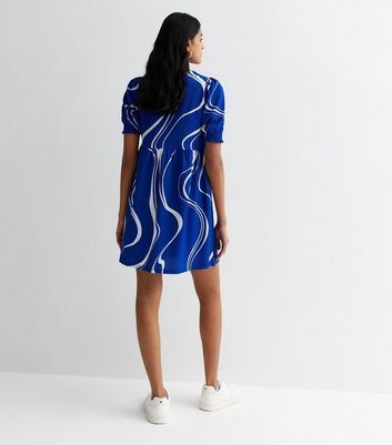 Blue Swirl Crinkle Smock Mini Dress New Look