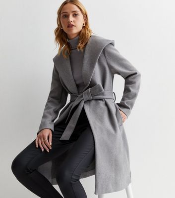 Grey Hooded Unlined Belted Coat New Look