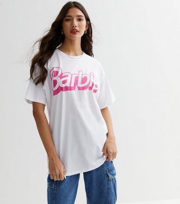 White Cotton Barbie Oversized Logo T-Shirt New Look