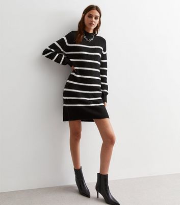 Black Stripe Long Sleeve Knitted Mini Dress New Look