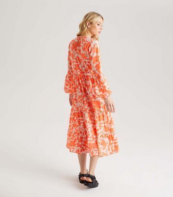 Orange Floral Smock Midi Dress New Look