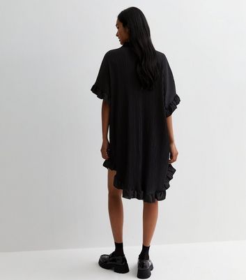 Black Plissé Frill Mini Shirt Dress New Look