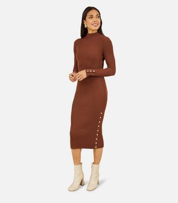 Brown Ribbed Knit Bodycon Midi Dress New Look