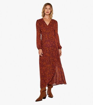 Rust Floral Long Sleeve Wrap Midaxi Dress New Look